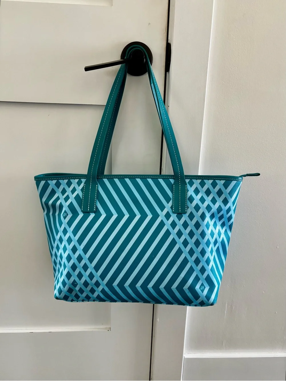 Jonathan Adler Teal Geometric Print Zip Top Tote Shoulder Bag